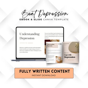 Ebook "Superar la depresión" de Canva, coaching con cuadernos de ejercicios editables, recursos para crear cursos, seminario web en línea con diapositivas.