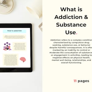 以下が含まれることがあります： What is Addictionというタイトルの教育用ドキュメントを表示するデジタルタブレット。テキスト、薬を持つ人物のグラフィック、脳のイラストが含まれています。このドキュメントは、依存症を有害な結果を伴う複雑な状態として説明しています。