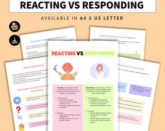 以下が含まれることがあります： Reacting vs Respondingというタイトルのワークシートセット。中央のページには、イライラした人と落ち着いた人のイラストが描かれた比較表があり、反応することと対応することの違いを説明するテキストが記載されています。