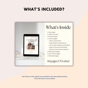 May include: A digital ebook cover with a woman jumping in the air. The ebook is titled "Crash Self Doubt and Be Confident". The cover is white with a pink and blue gradient. The text "What's Inside" is in black text with a list of the ebook's contents. The ebook is 44 pages long.