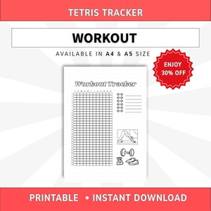 Puede incluir: Una página imprimible de seguimiento de ejercicios en blanco con una cuadrícula para el seguimiento mensual, una sección de lista con iconos de mancuernas e ilustraciones de una persona haciendo yoga, una pesa rusa, una mancuerna y zapatillas. El texto dice Workout Tracker.