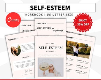 Selbstwert-Coaching-Canva-Arbeitsbuch, markenfähige Coaching-Ressourcen, Lead-Magnet-Coaching-Vorlage, Therapie-Arbeitsblätter