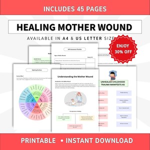 May include: A 45-page printable digital document titled Healing Mother Wound, available in US Letter size. The pages feature text, an emotion wheel, self-assessment checklists, and illustrations regarding childhood trauma and emotional healing.