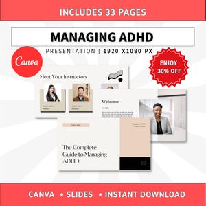 Prezentacja webinarium na temat ADHD, zestaw narzędzi do coachingu ADHD Canva, szablon prezentacji kursu online
