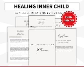 Canva-sjablonen voor een planner die het innerlijke kind geneest, een bundel therapeutische werkbladen, kant-en-klare coachingcursussen, traumaschaduwtherapie en heropvoedingstherapie.