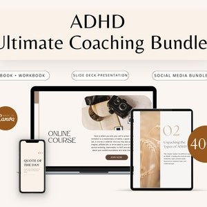 ADHD Coaching Bundle Canva Template, Adult ADHD Therapy Ebook Workbook, Slide Deck Webinar Template, Mental Health Social Media Bundle