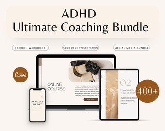 ADHD Coaching Bundle Canva Template, Adult ADHD Therapy Ebook Workbook, Slide Deck Webinar Template, Mental Health Social Media Bundle