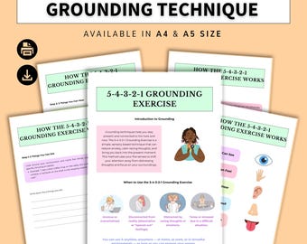 May include: A set of printable worksheets titled Grounding Technique and 5-4-3-2-1 Grounding Exercise. The pages feature instructional text, illustrations of a person, and icons representing the five senses to help manage stress and anxiety.