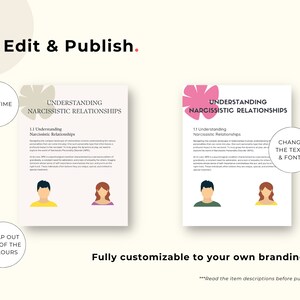 May include: Two images of a printable guide titled "Understanding Narcissistic Relationships". The guide features a pink flower graphic, a man and woman, and text in black. The text on the left image says "Save Time". The text on the right image says "Change the Texts & Fonts". The text below the images says "Fully customizable to your own branding." and "***Read the item descriptions before purchasing".