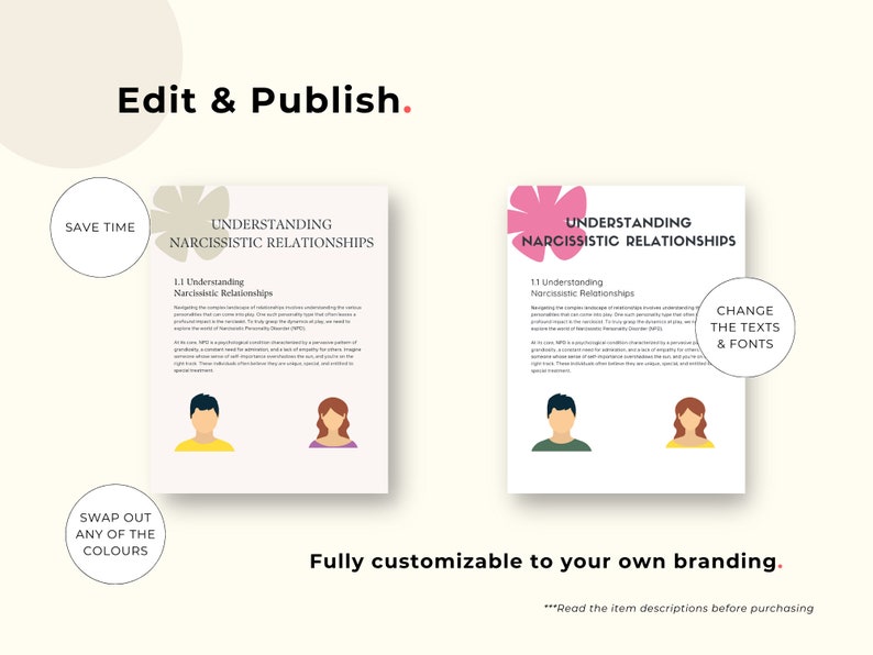 May include: Two images of a printable guide titled "Understanding Narcissistic Relationships". The guide features a pink flower graphic, a man and woman, and text in black. The text on the left image says "Save Time". The text on the right image says "Change the Texts & Fonts". The text below the images says "Fully customizable to your own branding." and "***Read the item descriptions before purchasing".