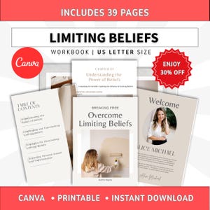 Limiting Beliefs Workbook Canva Templates, Self-Limiting Mindsets Ebook for Coaching, Brandable Content