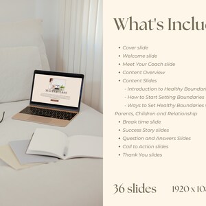 May include: A laptop computer displaying a website with the text "MASTERCLASS" on a white bed with a pair of glasses and notebooks. The text "What's Included" is listed with a description of 36 slides included in the masterclass. The text "36 slides" and "1920 x 1080 px" are also included.