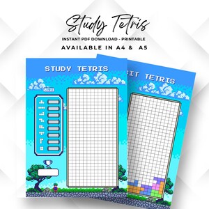 May include: Two printable "Study Tetris" sheets with a pixelated design. The sheets feature a grid for notes, a Tetris game-inspired design, and the text "Study Tetris". The background is blue with pixelated clouds and a landscape.