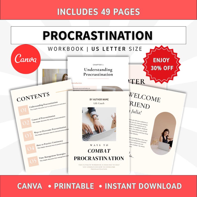 Overcome Procrastination workbook coach, Done for you Self sabotage, Mindset Ebook Plr Template, Course Ebook, lead magnet bild 1
