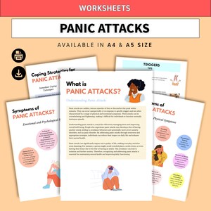 Può includere: Un set di schede didattiche intitolate Panic Attacks, disponibili in formato A4 e A5. I documenti presentano testo, illustrazioni di persone in difficoltà e diagrammi circolari che descrivono sintomi, strategie di coping e fattori scatenanti.