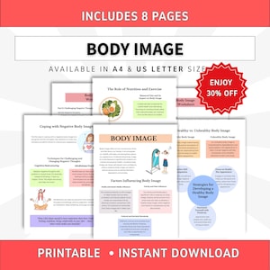 May include: A set of eight printable body image worksheets in A4 and US letter size. The pages feature text, illustrations, and diagrams covering topics like nutrition, exercise, coping with negative thoughts, and strategies for healthy body image.