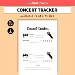 May include: A printable concert tracker journal page featuring the text Concert Tracker, with sections for artist, band, feelings, date, location, experience, and a five-star rating system, decorated with black microphone and band silhouettes.