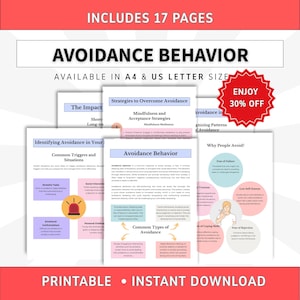 May include: A set of 17 printable pages titled Avoidance Behavior, available in A4 and US Letter size. The documents feature text, diagrams, and charts explaining triggers, strategies to overcome avoidance, and reasons why people avoid situations.