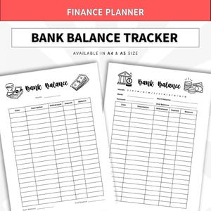 May include: A finance planner bank balance tracker printable with two page layouts. Each page features a table with columns for date, description, withdrawal, deposit, and balance. The text includes Bank Balance, Month, Start Balance, and End Balance.