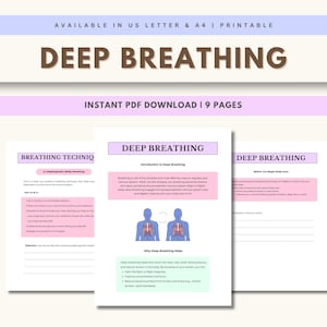 Könnte beinhalten: Ein druckbares PDF-Dokument mit dem Titel "DEEP BREATHING" mit Anweisungen und Diagrammen. Das Dokument ist in den Formaten US Letter und A4 verfügbar. Der Text enthält "INSTANT PDF DOWNLOAD | 9 PAGES".