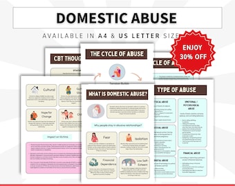 以下が含まれることがあります： Domestic Abuseと題された13ページの印刷可能なドキュメントセット。A4およびUSレターサイズで利用可能です。各ページには、The Cycle of Abuse、What is Domestic Abuse、Types of Abuseなどの教育的コンテンツが、テキストとイラストで構成されています。