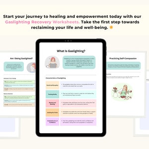 May include: A digital tablet displaying a page titled What Is Gaslighting? with text and a colorful table of characteristics. Surrounding the tablet are multiple printed worksheets with headings like Am I Being Gaslighted? and Practicing Self-Compassion.