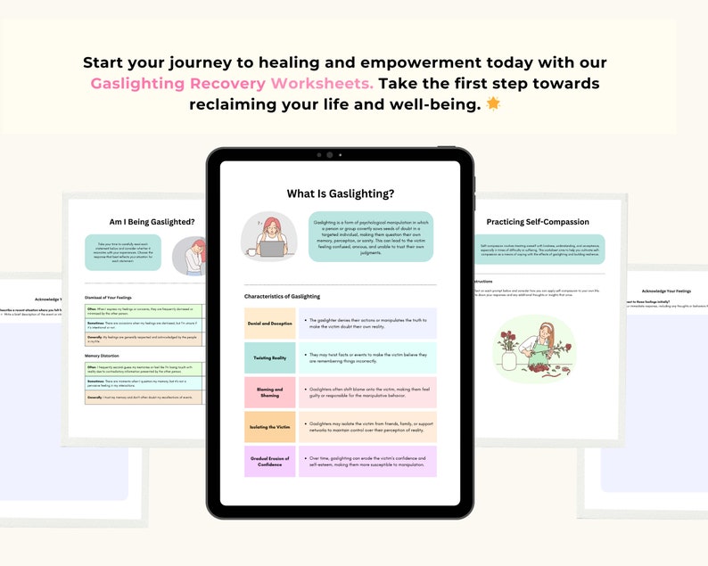 May include: A digital tablet displaying a page titled What Is Gaslighting? with text and a colorful table of characteristics. Surrounding the tablet are multiple printed worksheets with headings like Am I Being Gaslighted? and Practicing Self-Compassion.