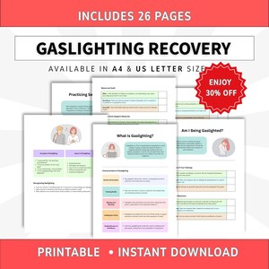 May include: A 26-page digital recovery guide titled Gaslighting Recovery, available in A4 and US Letter sizes. The document features sections on identifying gaslighting, self-reflection charts, and illustrations of individuals in various emotional states.
