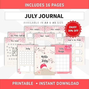 Könnte beinhalten: Ein 16-seitiges, druckbares Juli-Journal-Set mit Kirschblütenmotiven. Die Seiten enthalten einen Kalender, einen Stimmungstracker mit Katzenillustration, einen Gewohnheitstracker, eine Filmliste und ein Bingo-Spiel. Text: July Journal, Hello July, July Bingo.