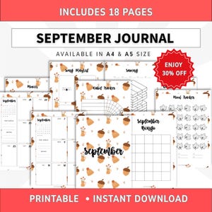 May include: A digital September journal set including 18 pages in A4 and A5 sizes. The pages feature a repeating pattern of acorns, knit hats, and flower vases. Sections include a monthly calendar, song playlist, habit tracker, saving, mood tracker, and bingo.
