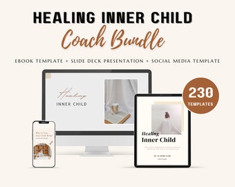 Paquete de recursos para la sanación del niño interior, plantilla de libro electrónico, presentación del curso, paquete para redes sociales, recursos de coaching personalizables.