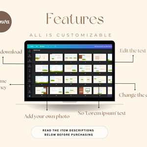 May include: A Canva presentation template with a blue background and a green landscape image. The template is customizable with text, color, and photos. The text on the template says "All is customizable".