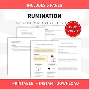Könnte beinhalten: Ein fünfseitiges druckbares Dokument mit dem Titel RUMINATION, erhältlich in A4 und US Letter Format. Die Seiten enthalten Text, Aufzählungspunkte und eine Strichzeichnung einer Person, die mit dem Kopf in den Händen sitzt, zum Thema Rumination.