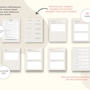 May include: A printable workbook with 55 pages of exercises to help you embrace positive affirmations, reframe negative thoughts, and discover the power of silence. The workbook is designed for US Letter size paper.
