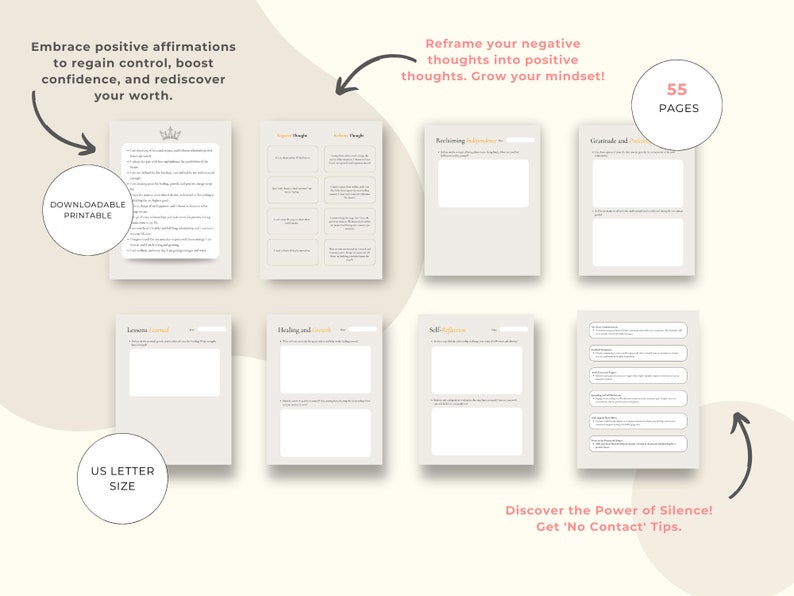 May include: A printable workbook with 55 pages of exercises to help you embrace positive affirmations, reframe negative thoughts, and discover the power of silence. The workbook is designed for US Letter size paper.