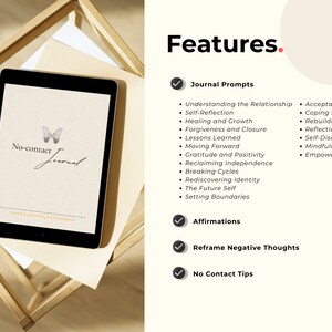 May include: A digital tablet displaying a journal cover with a butterfly graphic and the text "No-contact Journal". The journal features prompts, affirmations, and tips for navigating a no-contact period.