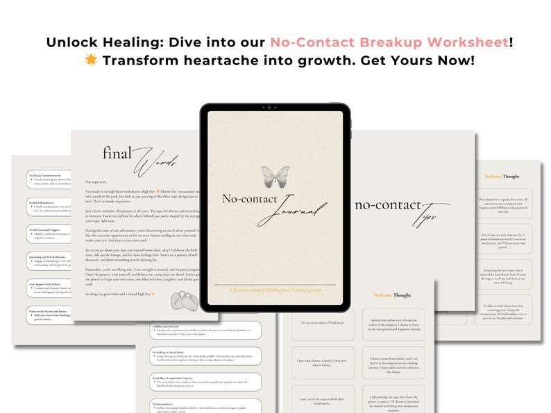 May include: A digital journal with a butterfly design and the text "No-contact Journal" on the cover. The journal is designed to help people heal after a breakup. The text "Unlock Healing: Dive into our No-Contact Breakup Worksheet! Transform heartache into growth. Get Yours Now!" is at the top of the image.