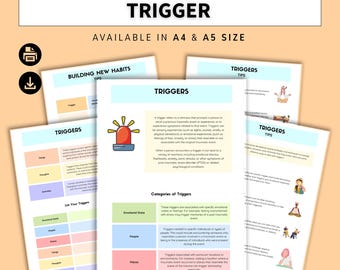 May include: A set of educational worksheets titled TRIGGER, available in A4 and A5 sizes. The pages feature colorful headers, text explaining psychological triggers, categories like emotional state, people, and places, and a red alarm icon.
