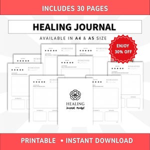 May include: A printable healing journal with 30 pages, available in A4 and A5 sizes. The white pages feature black text, a flower icon, and prompts for daily reflection. The design includes sections for dates, mood tracking, and grid-lined writing areas.