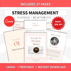 Puede incluir: Un libro de ejercicios de gestión del estrés de 37 páginas, con una portada titulada A Guide To Managing Stress con una imagen de una taza de café, una página de bienvenida con una foto y páginas de capítulos en tonos melocotón y blanco.