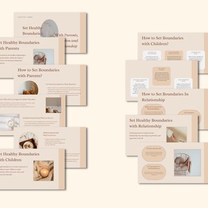 May include: A set of beige and brown presentation slides with the title "Set Healthy Boundaries" and subheadings for "with Parents", "with Children", "with Relationship", and "How to Set Boundaries". The slides feature a wicker chair with a blanket and a candle.