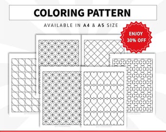 Könnte beinhalten: Ein digitales Ausmalmuster-Set mit 12 Seiten, die verschiedene geometrische und herzförmige Designs enthalten. Der Text lautet INCLUDES 12 PAGES, COLORING PATTERN, AVAILABLE IN A4 & A5 SIZE, ENJOY 30% OFF, PRINTABLE und INSTANT DOWNLOAD.