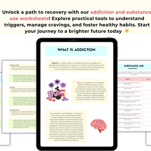 以下が含まれることがあります： デジタルタブレットには「What Is Addiction」というタイトルのワークシートが表示されており、脳の化学に関するテキスト、薬を前に座る人物のグラフィック、脳のイラストが含まれています。周囲のページには対処スキルや評価シートが表示されています。