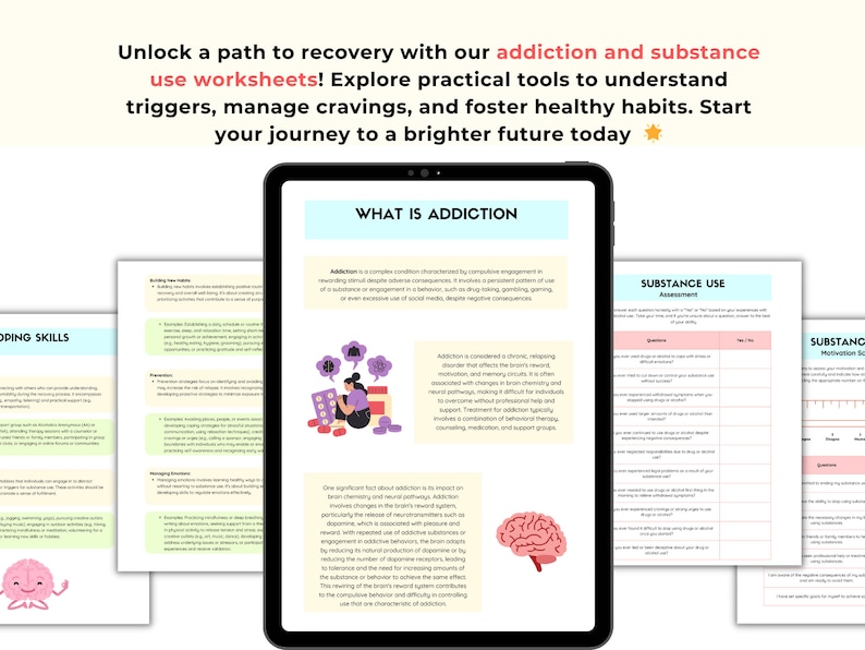 以下が含まれることがあります： デジタルタブレットには「What Is Addiction」というタイトルのワークシートが表示されており、脳の化学に関するテキスト、薬を前に座る人物のグラフィック、脳のイラストが含まれています。周囲のページには対処スキルや評価シートが表示されています。