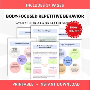 Body-Focused Repetitive Behaviors Worksheets, Skin picking Disorder, Hair pulling, Nail biting, Excoriation, BRFBs Awareness Tracker