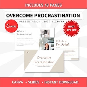 Overcome Procrastination Slide Presentation, Webinar Templates, Course Creator Canva Templates, Coaching Resources