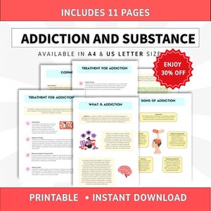 以下が含まれることがあります： Addiction and Substanceと題された11ページの印刷可能なセット。A4およびUS Letterサイズで利用可能です。文書にはWhat is Addiction、Treatment for Addiction、Signs of Addictionなどの見出しがあり、テキストとイラストが含まれています。