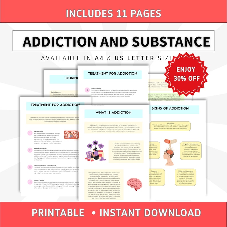 以下が含まれることがあります： Addiction and Substanceと題された11ページの印刷可能なセット。A4およびUS Letterサイズで利用可能です。文書にはWhat is Addiction、Treatment for Addiction、Signs of Addictionなどの見出しがあり、テキストとイラストが含まれています。