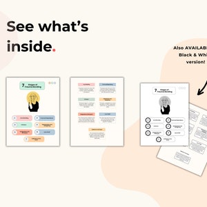 May include: Educational infographic sheets titled 7 Stages of Trauma Bonding, featuring a central illustration of a person holding their head. The text outlines seven stages including Love Bombing, Trust and Dependency, Criticism, Manipulation and Gaslighting, Resignation and Giving Up, Loss of Self, and Addiction to the Cycle. Includes a color version and a black and white version.