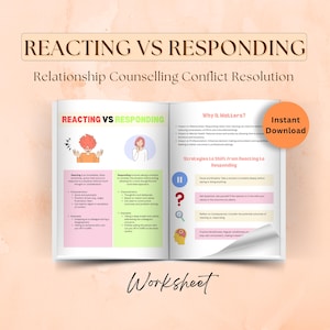 Reacting vs Responding Communication Skills Worksheets, Relationship Counselling Conflict Resolution, Family Therapy, Couples Conflict